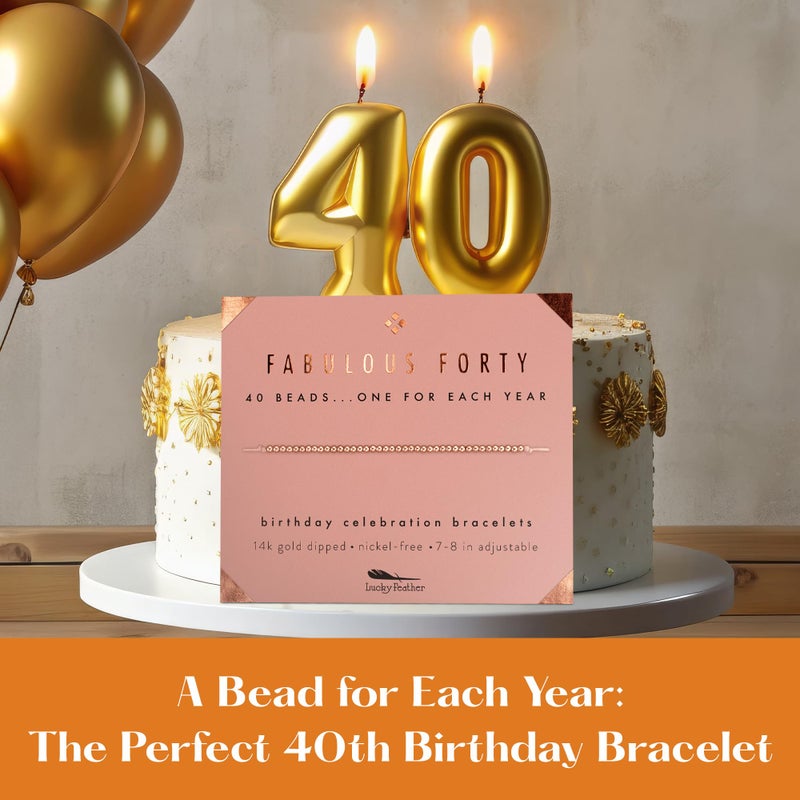 Lucky Feather Gifts for 40 Year Old Woman â€‹â€‹ | Cute 14k Gold Dipped Beads Bracelet | Fabulous Forty Milestone Bracelet | gift ideas, for women 40s | Adjustable 7"- 8" Cord | 40th Birthday Gifts Women - Image 3